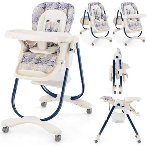 COSTWAY Seggiolone Pappa per Bambini e Neonati, Seggiolone Pieghevole Multifunzione con Ruote, Altezza Regolabile, Poggiapiedi e Schienale, Vassoio Rimovibile, per 6-36 Mesi (Blu)