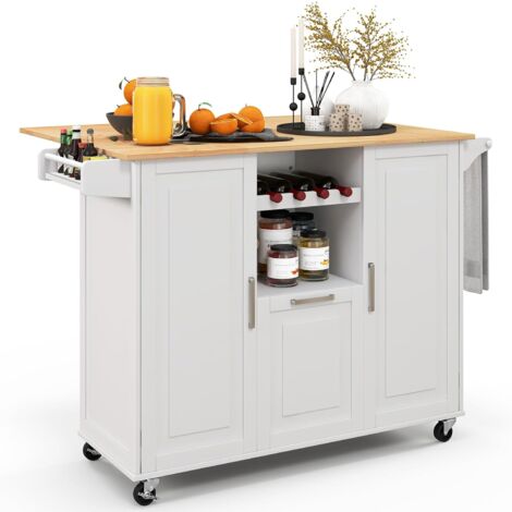 COSTWAY Carrello da Cucina, Isola Cucina con Piano Ribaltabile e 4 Ruote Girevoli, con Cassetto Profondo Portabottiglie Aperto e Porta Asciugamani, 130x74x90 cm (Bianco) (1/5)