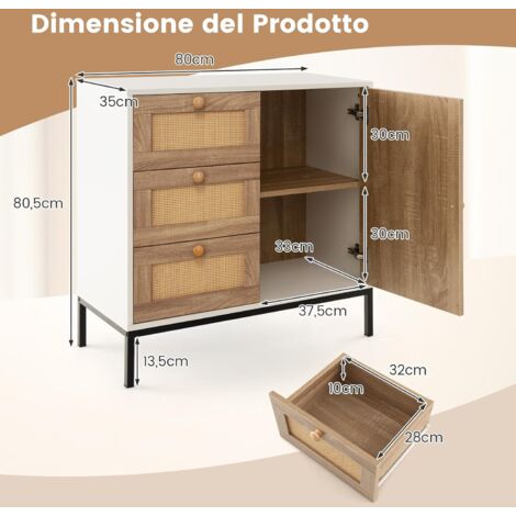 Credenza Nera - Con 4 Ante A Specchio - Maniglie Trasparenti - Gambe In Legno - Per Soggiorno E Sala Da Pranzo