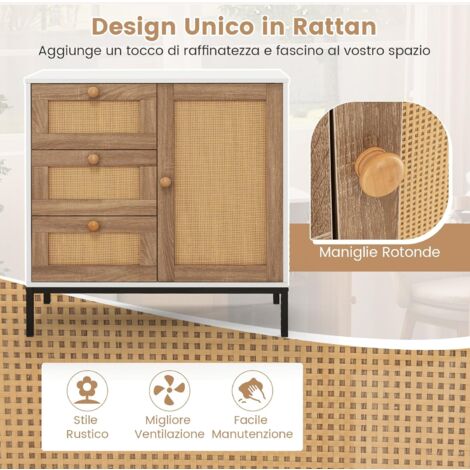 Credenza Design In Rattan E Legno 60x40x120 Cm | Armadio Buffet Con Ante E Cassetti Per Cucina O Soggiorno