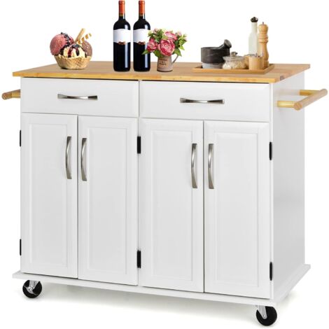 COSTWAY Carrello da Cucina con Cassetti, Isola Cucina con Piano in Legno di Gomma, con 4 Ante Ripiani Regolabili e Porta Asciugamani, per Cucina Bar Ristorante, 122x48x93 cm (Bianco)