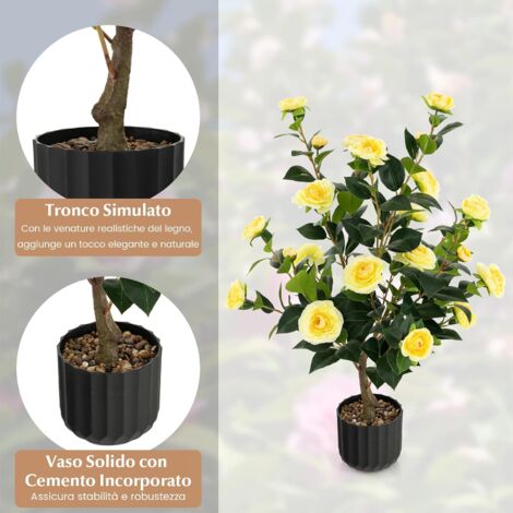 Albero Di Camelia Artificiale In Vaso Cemento – 2 Pezzi, Pianta Finta Con Fiori Rossi E Foglie Verdi, Per Interni/Esterni