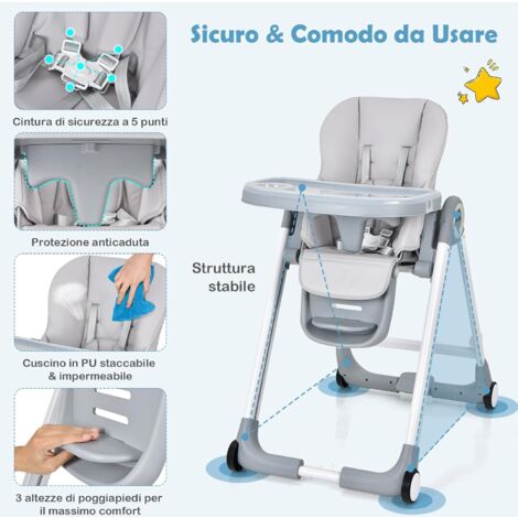Seggiolone Evolutivo Pieghevole COSTWAY Beige – Regolabile, Con Vassoio E Cuscino In PU, Per Bambini 6-36 Mesi - 4