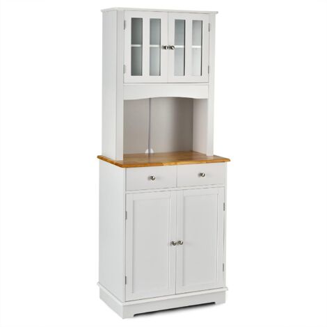COSTWAY Mobile dispensa da cucina autoportante, Buffet con Piano in Legno, Credenza e 2 Cassetti, Ripiani Regolabili, Armadietto con Ante in Vetro, Spazio Aperto per Forno a Microonde, Bianco