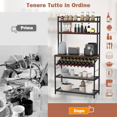 Scaffale Da Cucina A 6 Ripiani Con Portabottiglie - In Stile Industriale, Legno E Metallo, Carico 125 Kg, Per Microonde O Dispensa