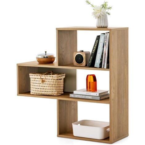 COSTWAY Libreria Scaffale In Legno Con Anta In Rattan Naturale - Stile Boho, 3 Ripiani Regolabili, 12 Posizioni, 137x29,5x29,5 Cm - Per Soggiorno, Cucina - 2