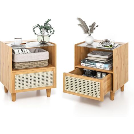 COSTWAY Comodino in Bambù e Rattan, Tavolino da Salotto Boho con Cassetto e Gambe in Legno Massello, Comodino Tavolino in Bambù per Camera da Letto, Soggiorno, 43 x 35 x 50 cm (2, Naturale) (1/5)