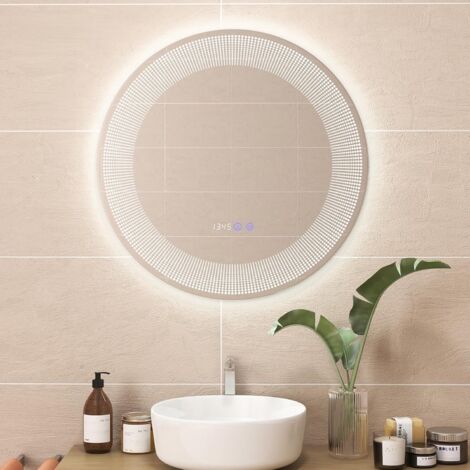 COSTWAY Specchio da Bagno a LED 60x60vm, Specchio Rotondo a Parete con Luci a 3 Colori, Lettura di Tempo e Temperatura, Funziona Anti-Appannamento e Impermeabile IP44, Specchio Cosmetico