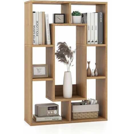 COSTWAY Libreria in Legno, Scaffale Aperto Geometrica a 7 Cubi, Scaffale da Esposizione con Dispositivo Anti-Ribaltamento, per Soggiorno Ufficio Camera da Letto, 60x20x90 cm (Naturale)