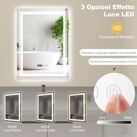 OCEAN Specchio Da Bagno Con LED 80x60cm,Dimmerabile, Antiappannamento,Memoria,IP44, Vetro HD Interruttoreorizzontaleverticale 89059320