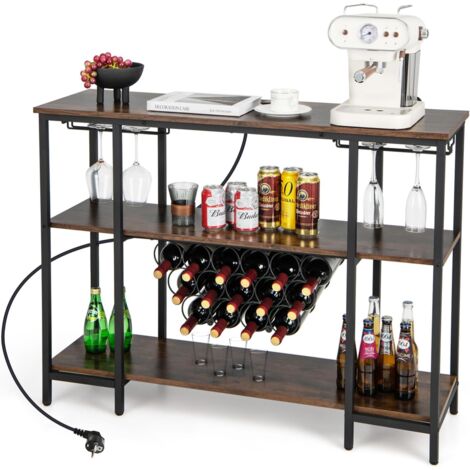 COSTWAY Mobile Bar Vino, Portabottiglie Industriale con 3 Ripiani, Porta Calici, Porte USB e Prese, Mobile Portabottiglie di Vino con Struttura in Metallo, 113 x 35 x 85 cm (Marrone)