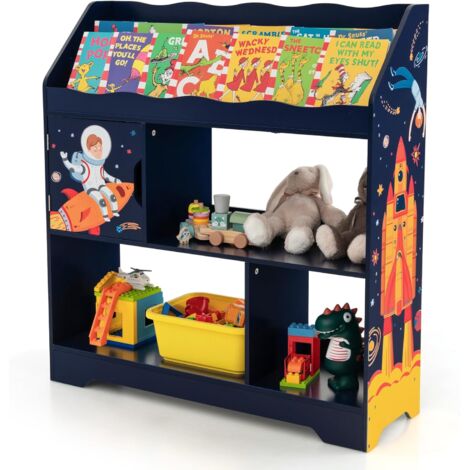 COSTWAY 3 in 1 Libreria per Bambini, Mobile Portagiochi Multiuso con Anta e 3 Vani Aperti, Scaffale per Giocattoli per Cameretta Soggiorno Asilo Scuola Materna, 93x30x100 cm(Blu)