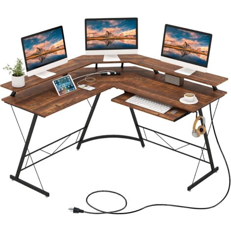 COSTWAY Scrivania Angolare, Scrivania ad Angolo con Presa Elettrica, Supporto per Monitor, Vassoio per Tastiera e Gancio per Cuffie, Scrivania Salvaspazio per Ufficio e Casa (Marrone)