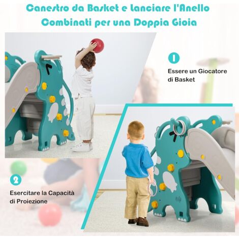 Scivolo 5 In 1 Per Bambini 1-6 Anni – Con Canestro, Cesto Portaoggetti E Scala, Interno/Esterno, Verde