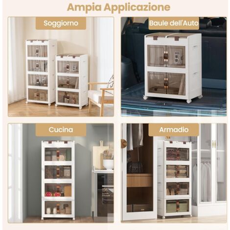Contenitori Da Stoccaggio Pieghevoli COSTWAY 3/4 Piani | Capacità 213/284 L, Dimensioni 65x39x142 Cm | Con Ruote E Porte Trasparenti, Per Camera, Soggiorno
