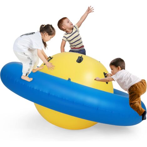 COSTWAY Giostra Gonfiabile a Pianeta per Bambini da 223CM per Inclinare, Arrampicarsi e Saltare con 6 Maniglie Incorporate, Giocattolo Spaziale per Esterno per Bambini dai 5 Anni+ (Giallo+Blu)