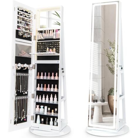 COSTWAY Mobile Portagioie con Specchio a LED, Armadietto Portagioielli Autoportante Girevole, Organizzatore per Gioielli con Chiavi, Mensola Pieghevole, 54,5 x 54,5 x 160 cm(Bianco)