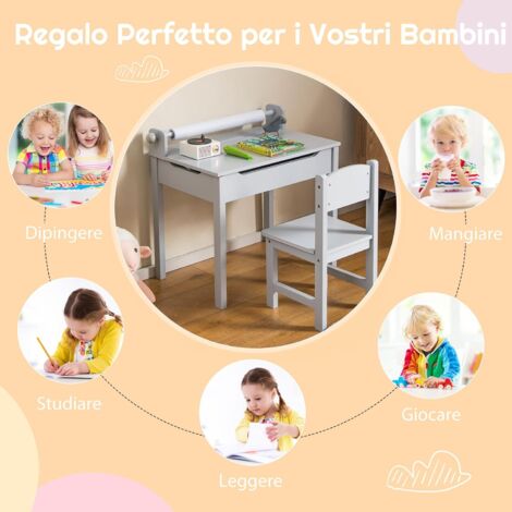 AIYAPLAY Set Tavolo e Sedia Bambini 3 in 1 con Tavolo da Costruzione, Lavagna, Cavalletto Convertibile e Contenitori, Tavolino Multiattività con Sedia in Plastica per Bambini 2-4 Anni per Cameretta