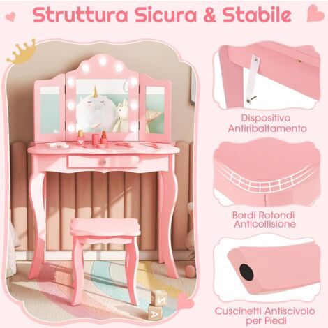 Set Toeletta E Sgabello Roundhill Sanlo – Rosa, Con Specchio E Cassetti, Stile Antico - 3