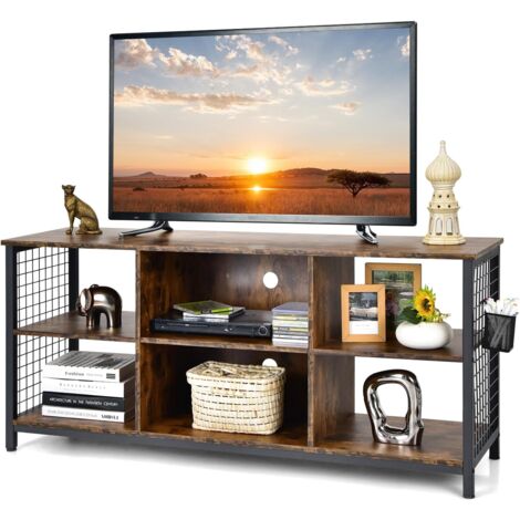 COSTWAY Mobile TV Industriale Fino a 65", Tavolo Multimediale a 3 Ripiani con Cesto Portaoggetti, Mobile TV in Legno con 2 Fori per La Gestione dei Cavi, 140 x 40 x 63 cm (1/5)