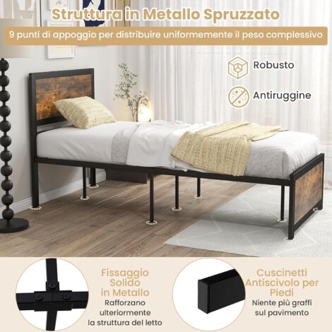 Letto Matrimoniale King Size In Metallo Con Testiera In Legno – Struttura Con Doghe, 31.5cm Sottotelaio, Vintage Marrone - 4