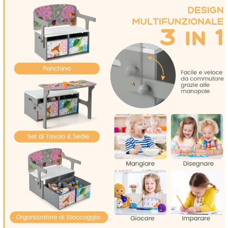 Cassapanca Bambini 3 In 1 COSTWAY - Trasformabile In Tavolo E Sedia, Contenitore Giocattoli Bianco - Foto 2