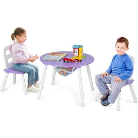 COSTWAY Set Tavolo Rotondo con 2 Sedie per Bambini, Set 3 Pezzi con Tavolo Attività di Legno, con Borsa a Rete, Mobile per Camera da Letto Sala Giochi per Bambini (Viola)