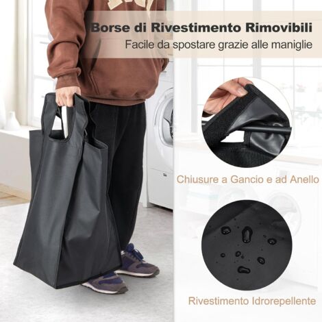 Cesto Portabiancheria 3 Scomparti Con Ruote | 110L Con Sacchetti Rimovibili E Mensola | Nero