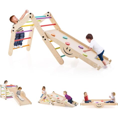 COSTWAY 5 in 1 Set da Arrampicata per Bambini, Giochi da Arrampicata Pieghevoli in Legno con Rampe Regolabili e Reversibili, Scala da Arrampicata per Bambini 3+ Anni