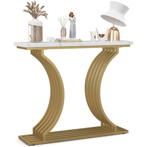 COSTWAY Tavolo Consolle in Oro, Tavolo d'Ingresso Moderna con Piano in Finto Marmo Bianco, Tavolo Stretto per Divano con Gambe Metalliche Geometriche per Soggiorno, Ingresso e Corridoio