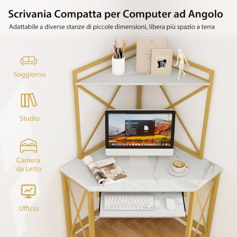 GYMAX Scrivania Angolare Per Computer Con Libreria, Prese USB E Porta Tastiera – Bianco/Dorato