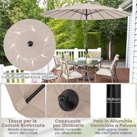 Ombrellone Da Giardino COSTWAY 265 Cm Rotondo – Beige, 18 Costole In Fibra Di Vetro, Inclinazione Regolabile, Palio In Alluminio