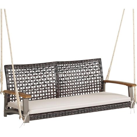 COSTWAY Panca Sospea in Rattan a 2 Posti, Dondolo Sospeso in Legno con Cuscino, Sedia Sospesa con Braccioli, per Giardino, Portico, Capacità di carico di 360 kg(Bianco)