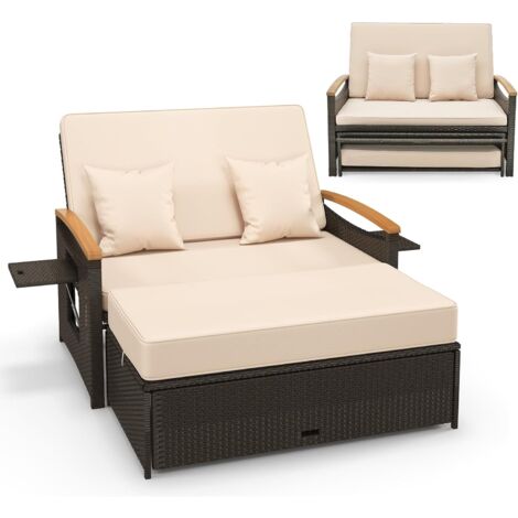 COSTWAY Set Divano da Giardino in Rattan, con Cuscino e Panca Contenitore, Divano Letto con Schienale Regolabile a 4 Livelli e Vassoi Laterali Estraibili, per Giardino Piscina Cortile (1/5)