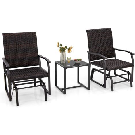 COSTWAY Set di 3 Pezzi Mobili in PE Rattan, Set di 2 Sedie a Dondolo con Tavolino da Caffè in Vetro Temperato, Set di Sedie e Tavolino da Esterno per Giardino Cortile e Patio