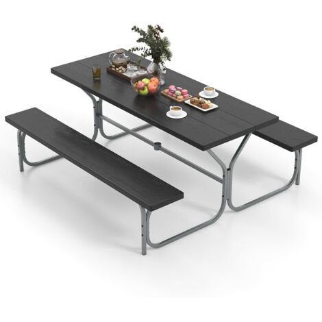 COSTWAY Set Tavolo da Picnic con Panca da 183 cm, Tavolo da Campeggio con 2 Panche per 8 Persone, Foro per Ombrellone, per Giardino, Campeggio, terrazza, Portato Totale 650 kg (Nero)