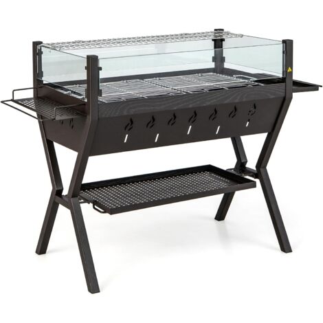 COSTWAY Barbecue a Carbonella, Griglia a Carbone Portatile con Protezione Antivento, Ripiani per Condimenti, Mensola Portaoggetti, per Cucinare, Campeggio e picnic
