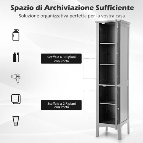 Homhedy Armadietto Da Bagno Alto 170 Cm, 2 Ante E 1 Cassetto, Ripiani Regolabili, Mobile Da Pavimento Nero