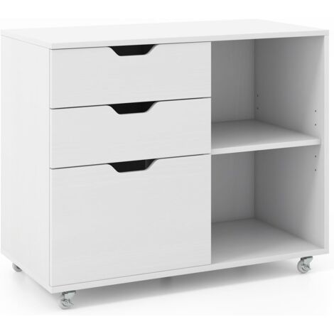 COSTWAY Cassettiera Ufficio, Mobiletto Rimovibili in Legno con 3 Cassetti Regolabili, 2 Scomparti e Ruote con Freno, Credenza Multiuso per Soggirno e Ingresso (Bianco)