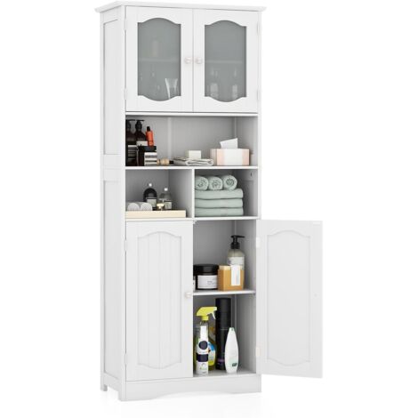 Armadietto Salvaspazio 60 X 30 X 164cm, Mobile Bagno Con Scomparti Aperti Ripiani Regolabili E 2 Porte In Vetro Temprato Armadio Da Bagno Per Uffici 96602008