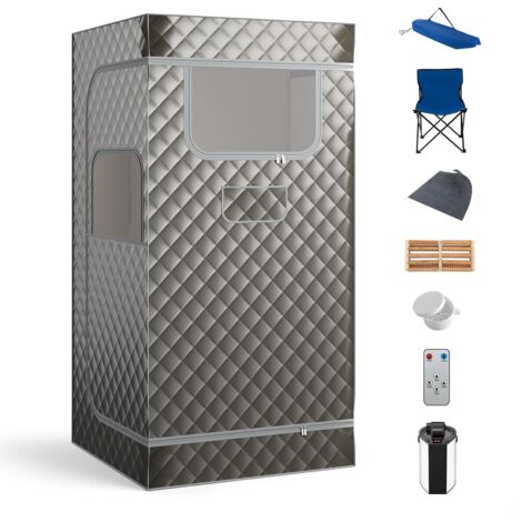 COSTWAY Sauna a Vapore Portatile 3L, Sauna da Casa con 9 Livelli di Regolazione della Temperatura da 35-63℃, Telecomando, Sedia Pieghevole e Massaggiatore per Piedi in Legno (Grigio)