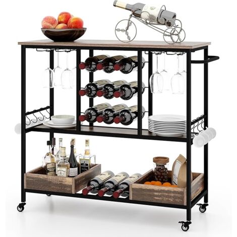 COSTWAY Carrello Bar a 3 Livelli, Carrello Portabevande con Portabicchieri, Portabottiglie, 8 Ganci e 2 Scatole Portaoggetti, Carrello di Vino per Cucina, Sala da Pranzo e Soggiorno (1/5)