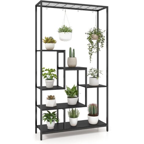 COSTWAY Scaffale Porta Piante a 6 Livelli, Scaffale per Fiori in Metallo da Interno con 10 Ganci e Ripiani per Piante, Porta Vasi da Balcone e Soggiorno, Nero (Nero)
