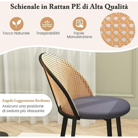 COSTWAY Set 2 Sedie Da Pranzo In Rattan PE E Metallo – Grigio, 57x53x78cm, Portata 150kg - 2
