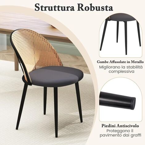 Set Di 2 Sedie Da Pranzo In Rattan E Pelle - Stile Mid-Century, Imbottite, Gambe In Metallo - 4