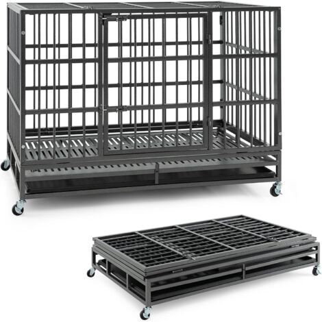COSTWAY Gabbia per Cani in Metallo Pieghevole, Gabbia per Cani Anti-masticazione con Ruote, Vassoio Rimovibile e 2 Porte, Gabbia da Interno ed Esterno per Cani Media e Grande (120 x 76 x 90 cm)