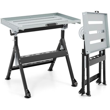 COSTWAY Tavolo da Lavoro Pieghevole, Banco da Lavoro Portatile con Piattaforma Inclinabile e Altezza Regolabile a 4 Livelli, 2 Ruote, con 3 Slot e 2 Portautensili, Capacità di Carico 180 KG