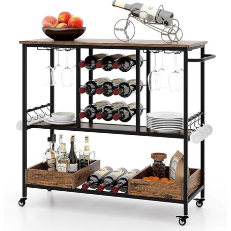 Carrelli da bar/Carrelli di servizio/Carrelli da cucina/Carrelli portabottiglie su ruote con vano portaoggetti - Carrelli industriali - Scaffali/supporto per vino, tè, birra a 2 livelli - Legno massel