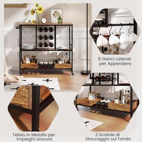 Carrello Portabottiglie In Legno Con Ruote Metalliche – Stile Retrò Per Cucina, Sala Da Pranzo O Bar. Dimensioni: 69,8x40x80 Cm.