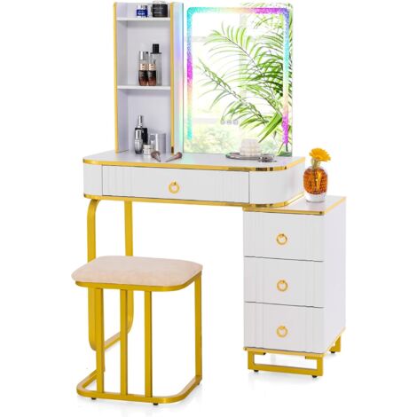 COSTWAY Toeletta da Trucco con Specchio e Luci, Tavolo da Trucco con Sgabello, Porta 7 Luci LED Dinamiche e 7 Luci Statiche Dimmerabili, Porte USB e 4 Cassetti, 80x40x137 cm (Bianco)